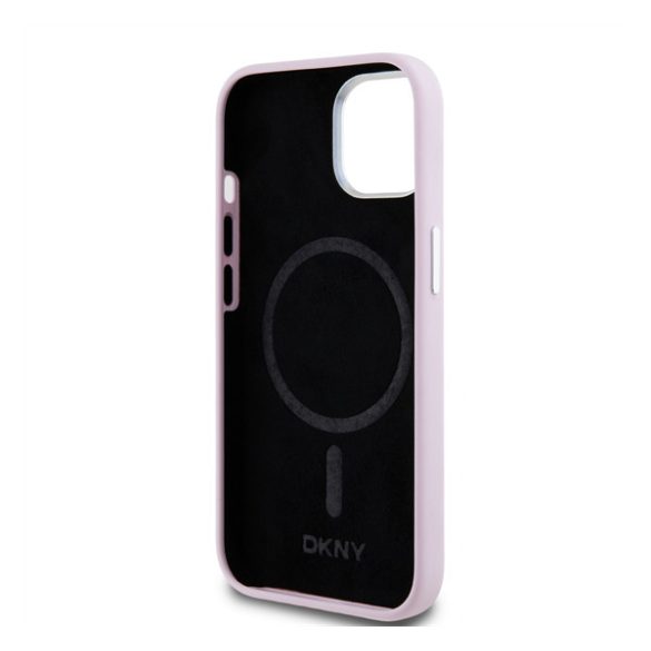 DKNY Liquid Silicone Silver Metal Logo Magsafe iPhone 15 hátlap tok, rózsaszín