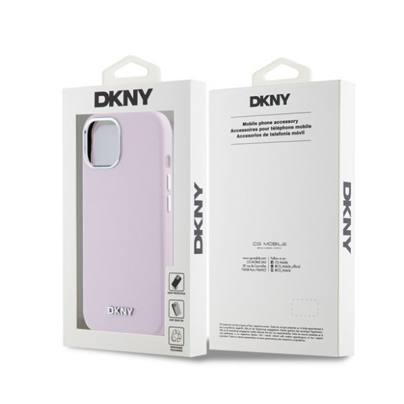 DKNY Liquid Silicone Silver Metal Logo Magsafe iPhone 15 hátlap tok, rózsaszín