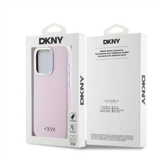 DKNY Liquid Silicone Silver Metal Logo Magsafe iPhone 15 Pro hátlap tok, rózsaszín