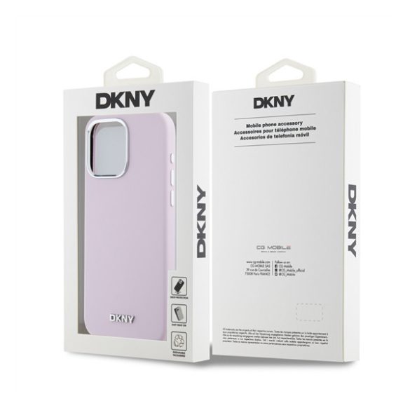 DKNY Liquid Silicone Silver Metal Logo Magsafe iPhone 15 Pro Max hátlap tok, rózsaszín