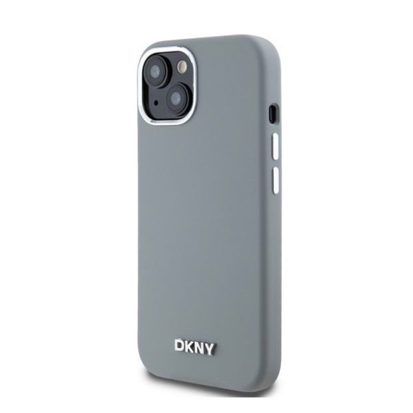 DKNY Liquid Silicone Silver Metal Logo Magsafe iPhone 15 hátlap tok, szürke