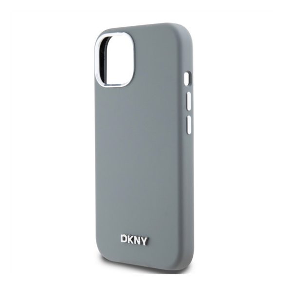 DKNY Liquid Silicone Silver Metal Logo Magsafe iPhone 15 hátlap tok, szürke