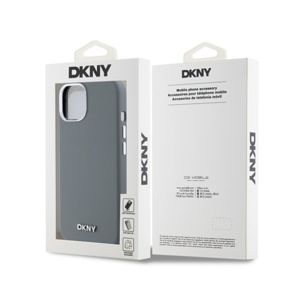 DKNY Liquid Silicone Silver Metal Logo Magsafe iPhone 15 hátlap tok, szürke