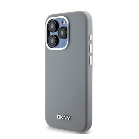 DKNY Liquid Silicone Silver Metal Logo Magsafe iPhone 15 Pro hátlap tok, szürke