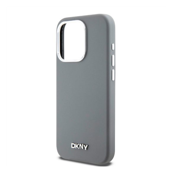 DKNY Liquid Silicone Silver Metal Logo Magsafe iPhone 15 Pro hátlap tok, szürke