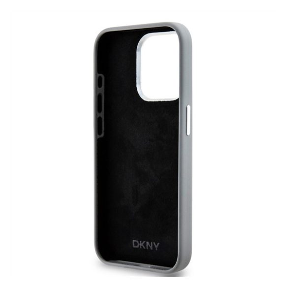 DKNY Liquid Silicone Silver Metal Logo Magsafe iPhone 15 Pro hátlap tok, szürke