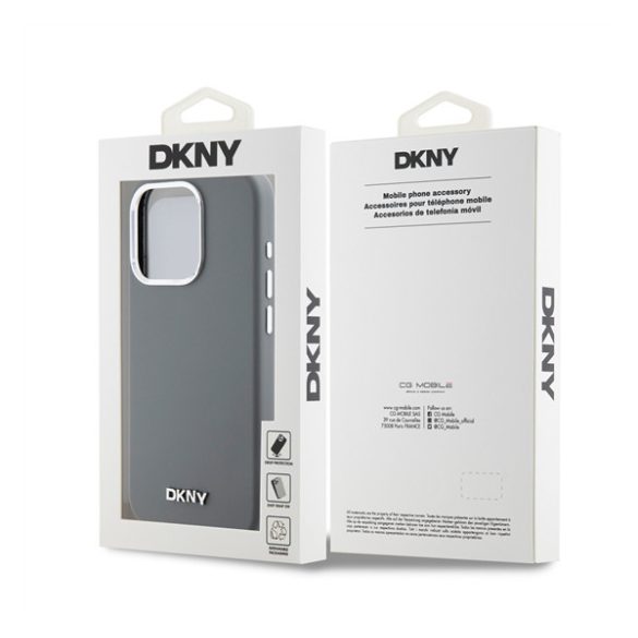 DKNY Liquid Silicone Silver Metal Logo Magsafe iPhone 15 Pro hátlap tok, szürke