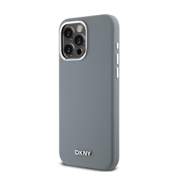 DKNY Liquid Silicone Silver Metal Logo Magsafe iPhone 15 Pro Max hátlap tok, szürke