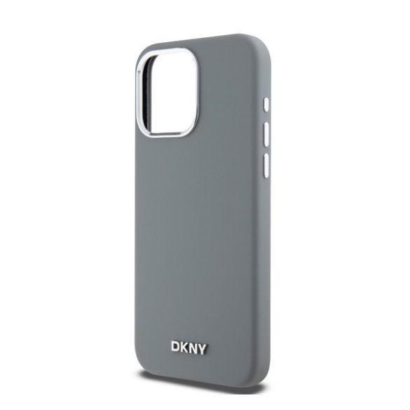 DKNY Liquid Silicone Silver Metal Logo Magsafe iPhone 15 Pro Max hátlap tok, szürke