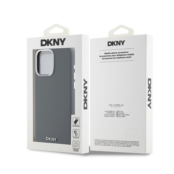 DKNY Liquid Silicone Silver Metal Logo Magsafe iPhone 15 Pro Max hátlap tok, szürke