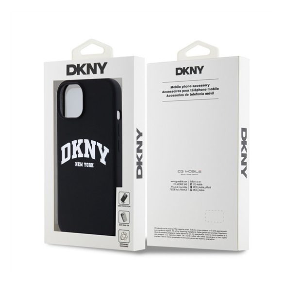 DKNY Liquid Silicone Arch Logo iPhone 15 MagSafe hátlap tok, fekete