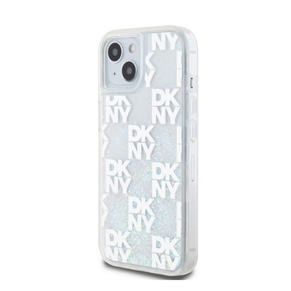 DKNY Liquid Glitter Checkered Pattern iPhone 15 hátlap tok, átlátszó