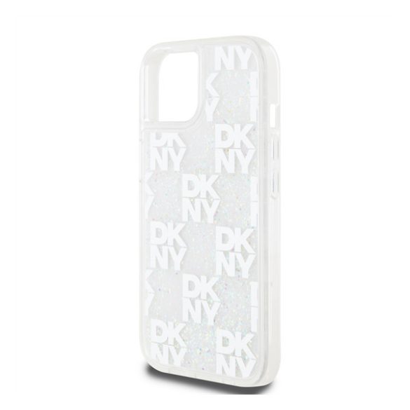 DKNY Liquid Glitter Checkered Pattern iPhone 15 hátlap tok, átlátszó