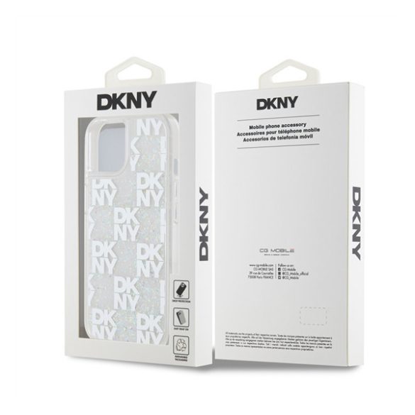 DKNY Liquid Glitter Checkered Pattern iPhone 15 hátlap tok, átlátszó