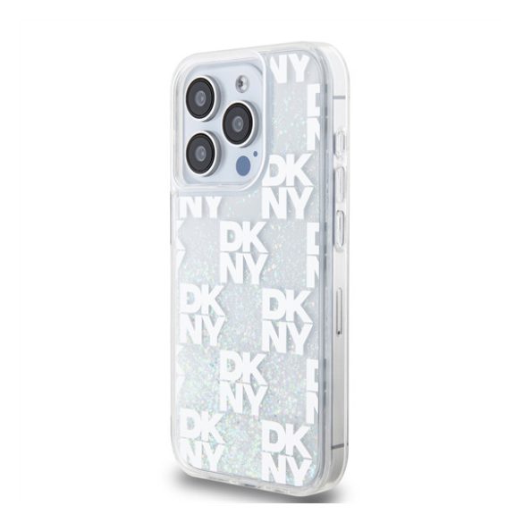 DKNY Liquid Glitter Checkered Pattern iPhone 15 Pro hátlap tok, átlátszó