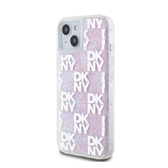 DKNY Liquid Glitter Checkered Pattern iPhone 15 hátlap tok, rózsaszín