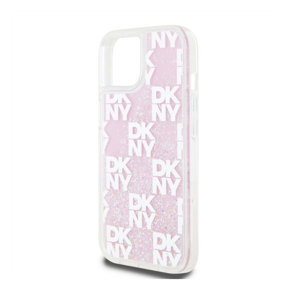 DKNY Liquid Glitter Checkered Pattern iPhone 15 hátlap tok, rózsaszín