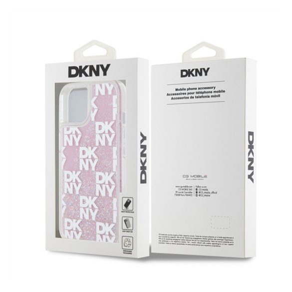 DKNY Liquid Glitter Checkered Pattern iPhone 15 hátlap tok, rózsaszín