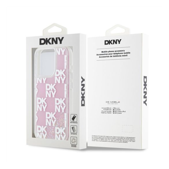 DKNY Liquid Glitter Checkered Pattern iPhone 15 Pro hátlap tok, rózsaszín