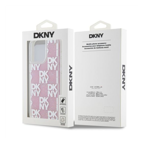 DKNY Liquid Glitter Checkered Pattern iPhone 15 Pro Max hátlap tok, rózsaszín