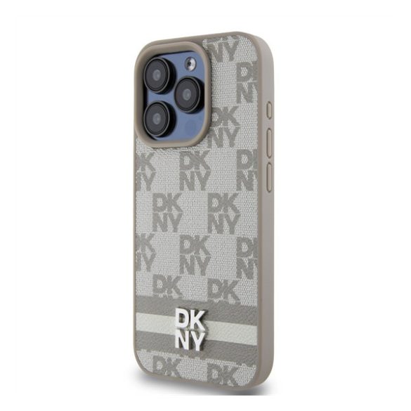 DKNY PU Leather Checkered Pattern and Stripe Apple iPhone 12/12 Pro hátlap tok, bézs