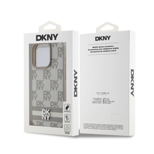 DKNY PU Leather Checkered Pattern and Stripe Apple iPhone 12/12 Pro hátlap tok, bézs