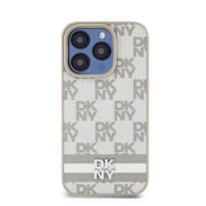 DKNY PU Leather Checkered Pattern and Stripe Apple iPhone 13 Pro Max hátlap tok, bézs