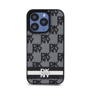 DKNY PU Leather Checkered Pattern and Stripe Apple iPhone 13 Pro Max hátlap tok, fekete