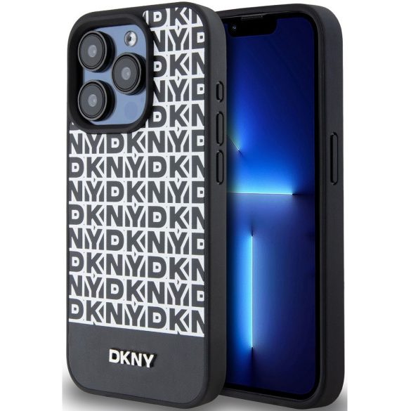 DKNY PU Leather Repeat Pattern Bottom Stripe Apple iPhone 12/12 Pro Magsafe kompatibilis hátlap tok, fekete