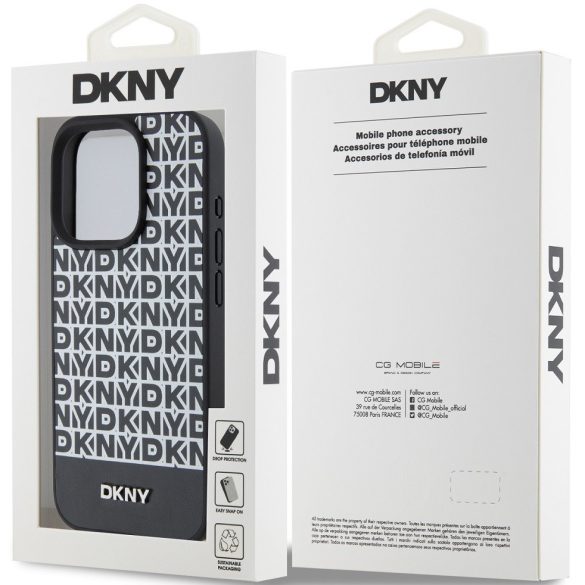 DKNY PU Leather Repeat Pattern Bottom Stripe Apple iPhone 13 Pro Max Magsafe kompatibilis hátlap tok, fekete