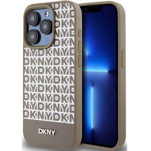 DKNY PU Leather Repeat Pattern Bottom Stripe Apple iPhone 13 Pro Max Magsafe kompatibilis hátlap tok, barna