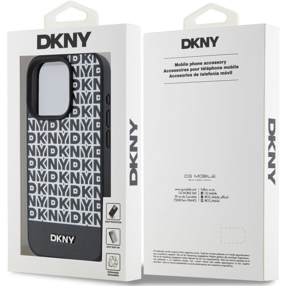 DKNY PU Leather Repeat Pattern Bottom Stripe Apple iPhone 14 Pro Magsafe kompatibilis hátlap tok, fekete