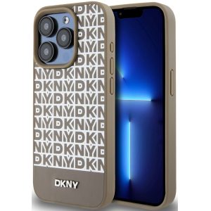 DKNY PU Leather Repeat Pattern Bottom Stripe Apple iPhone 14 Pro Max Magsafe kompatibilis hátlap tok, barna