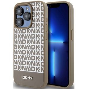 DKNY PU Leather Repeat Pattern Bottom Stripe Apple iPhone 15 Pro Max Magsafe kompatibilis hátlap tok, barna