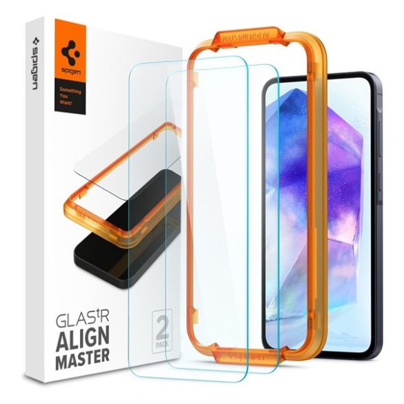 Samsung Galaxy A55 5G SM-A556B, Kijelzővédő fólia, ütésálló fólia (az íves részre is!), Tempered Glass (edzett üveg), Full Cover, Spigen Glastr Alignmaster, Clear - 2 db /csomag