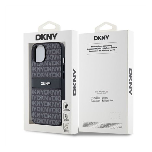 DKNY PU Leather Repeat Pattern Tonal Stripe Apple iPhone 14 hátlap tok, fekete