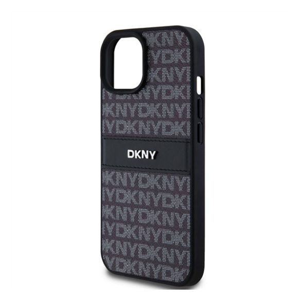 DKNY PU Leather Repeat Pattern Tonal Stripe Apple iPhone 15 hátlap tok, fekete