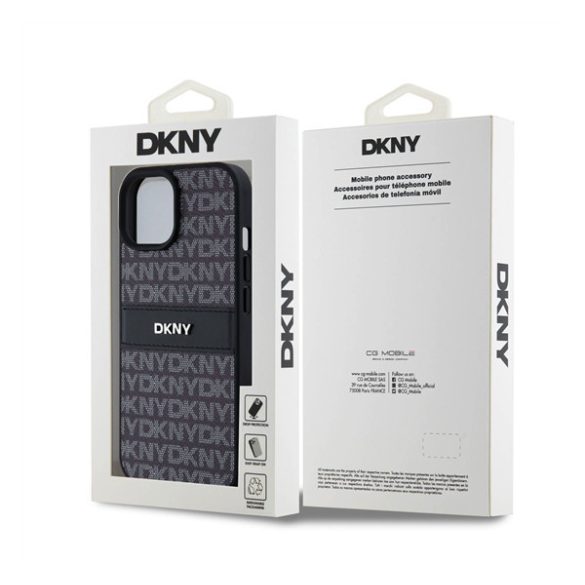 DKNY PU Leather Repeat Pattern Tonal Stripe Apple iPhone 15 hátlap tok, fekete