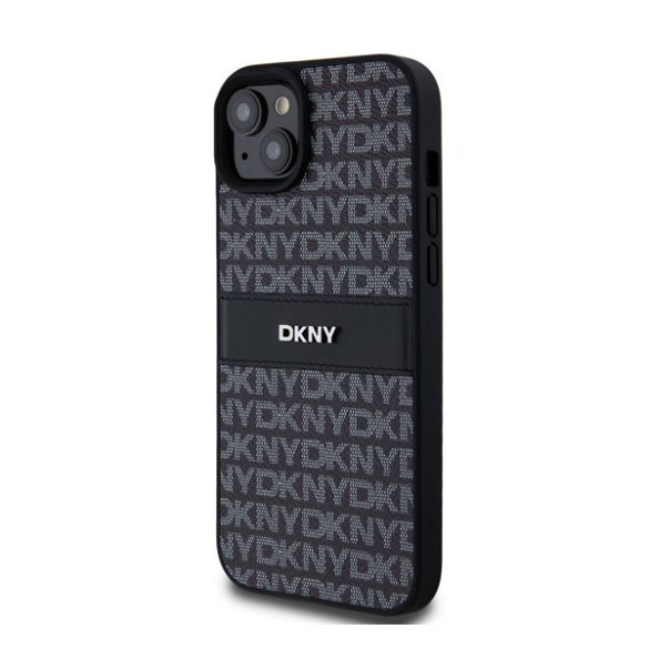 DKNY PU Leather Repeat Pattern Tonal Stripe Apple iPhone 15 Plus hátlap tok, fekete