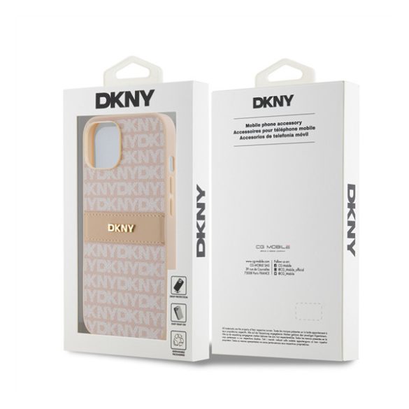 DKNY PU Leather Repeat Pattern Tonal Stripe Apple iPhone 14 hátlap tok, rózsaszín