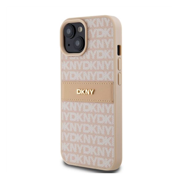 DKNY PU Leather Repeat Pattern Tonal Stripe Apple iPhone 15 hátlap tok, rózsaszín