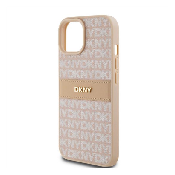 DKNY PU Leather Repeat Pattern Tonal Stripe Apple iPhone 15 hátlap tok, rózsaszín