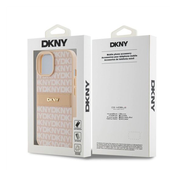 DKNY PU Leather Repeat Pattern Tonal Stripe Apple iPhone 15 hátlap tok, rózsaszín