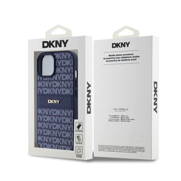 DKNY PU Leather Repeat Pattern Tonal Stripe Apple iPhone 15 hátlap tok, kék