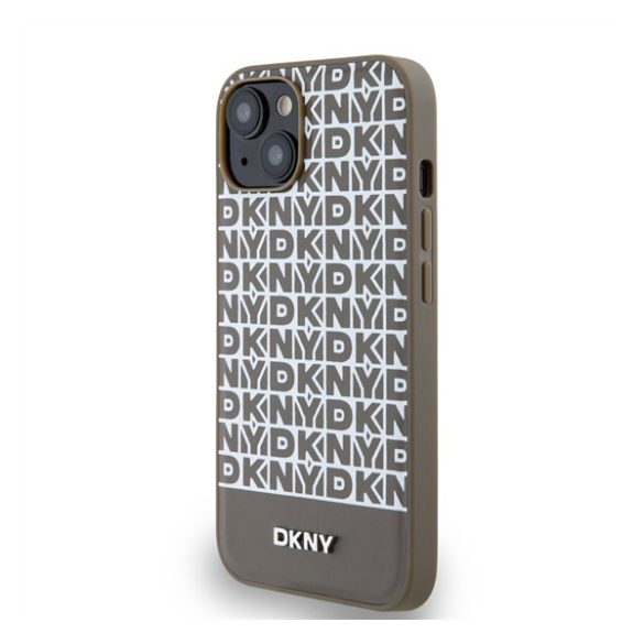 DKNY PU Leather Repeat Pattern Bottom Stripe Apple iPhone 13 Magsafe kompatibilis hátlap tok, barna