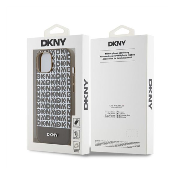 DKNY PU Leather Repeat Pattern Bottom Stripe Apple iPhone 13 Magsafe kompatibilis hátlap tok, barna