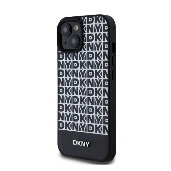 DKNY PU Leather Repeat Pattern Bottom Stripe Apple iPhone 15 Magsafe kompatibilis hátlap tok, fekete