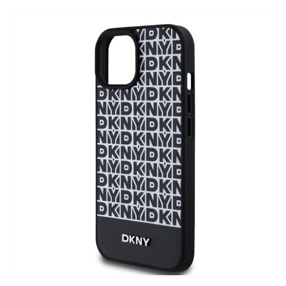 DKNY PU Leather Repeat Pattern Bottom Stripe Apple iPhone 15 Magsafe kompatibilis hátlap tok, fekete