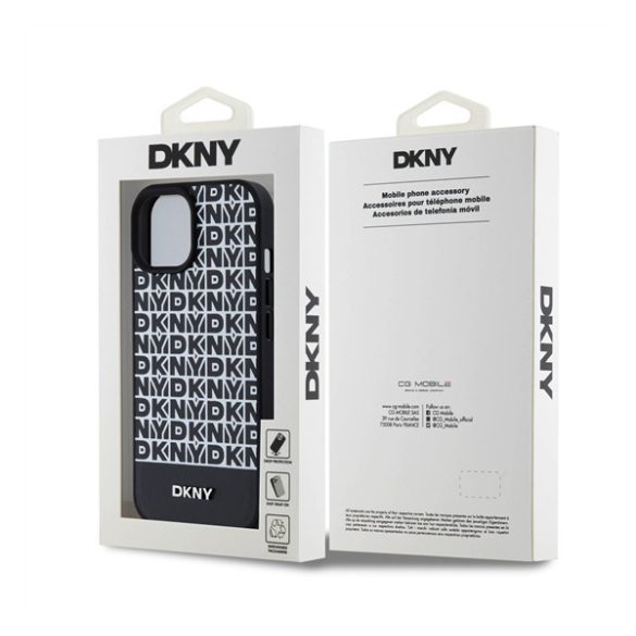 DKNY PU Leather Repeat Pattern Bottom Stripe Apple iPhone 15 Magsafe kompatibilis hátlap tok, fekete