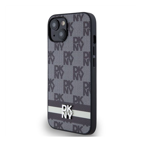 DKNY PU Leather Checkered Pattern and Stripe Apple iPhone 13 hátlap tok, fekete